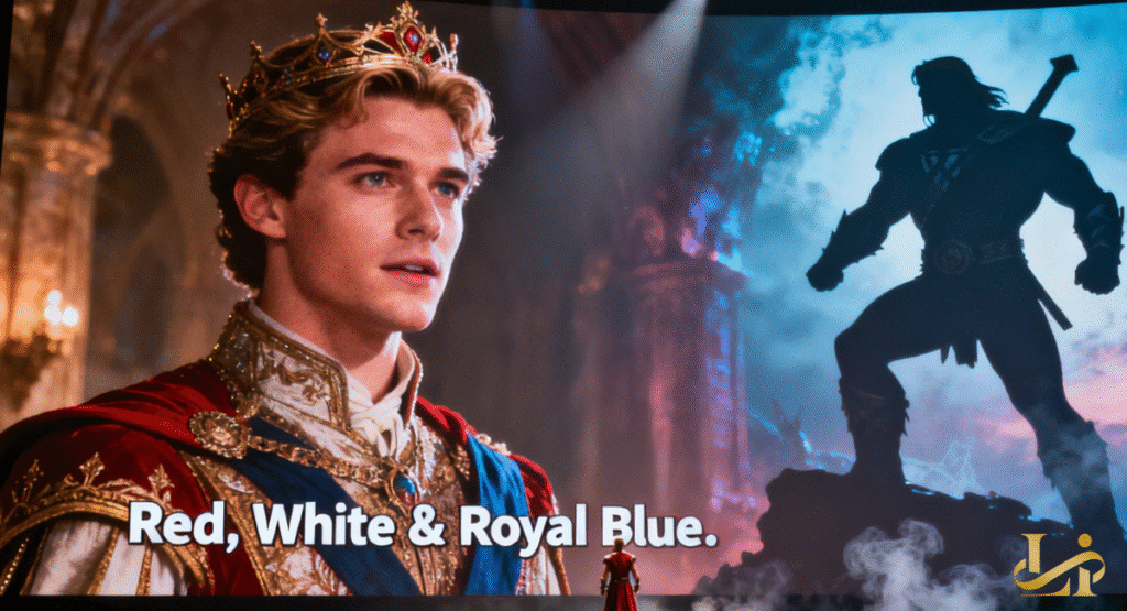 A large screen displays a young man in royal attire, next to a silhouette of a muscular He-Man figure. Below, the title "Red, White & Royal Blue" is prominently featured, hinting at a fantasy adventure.