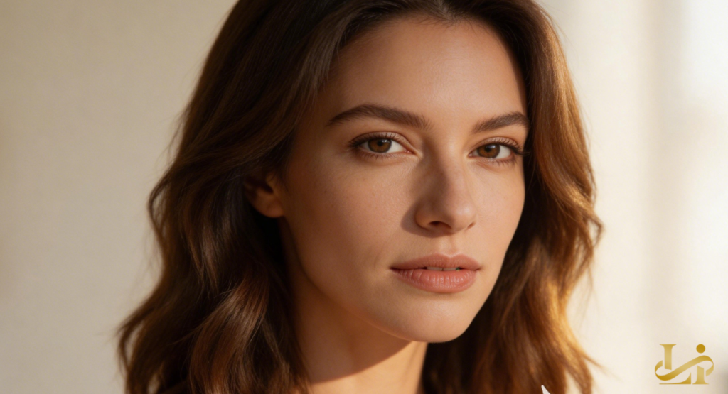 Close-up of a woman with wavy brown hair and warm lighting against a soft neutral background. Her gaze is steady, and the gold monogram appears in the lower corner.