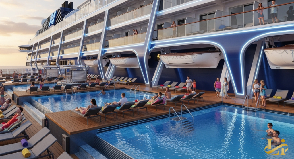 Guests lounge by twin infinity pools beside the ship’s sculpted hull as sunset glows on deck. Sunbeds, lifeboats, and balcony onlookers frame a relaxed evening at sea.