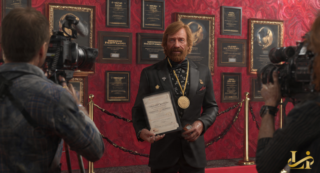 A bearded man in a tuxedo holds a framed certificate and wears a large gold medal. Cameras film him before a red wall lined with plaques and awards.