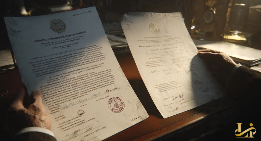 Hands hold two formal, seal-stamped documents in a dimly lit office. Sunlight highlights signatures, official crests, and handwritten notes on the pages.