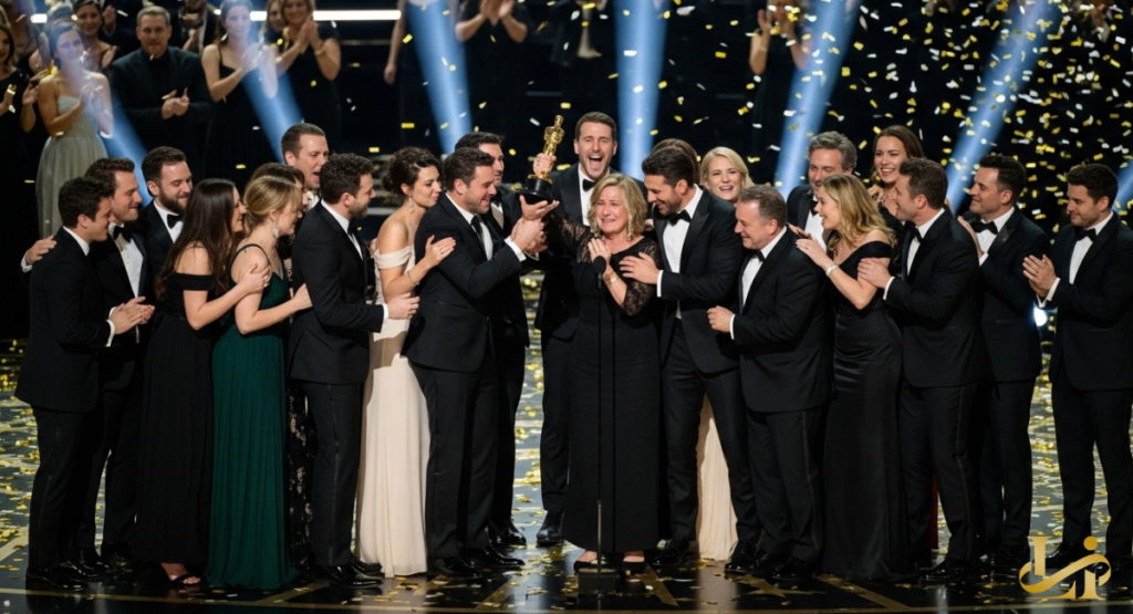 A group in formalwear crowds around a woman at a microphone, lifting a golden statuette as gold confetti falls.