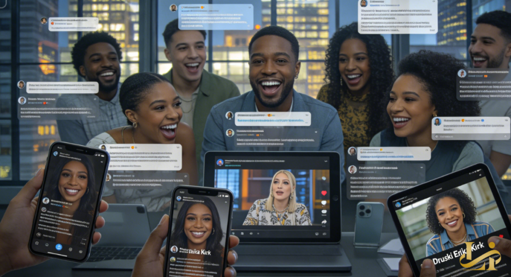 Diverse group of young people smiling and laughing while viewing social media reactions, video clips, and posts about Erika Kirk and Druski on smartphones, tablets, and laptops.