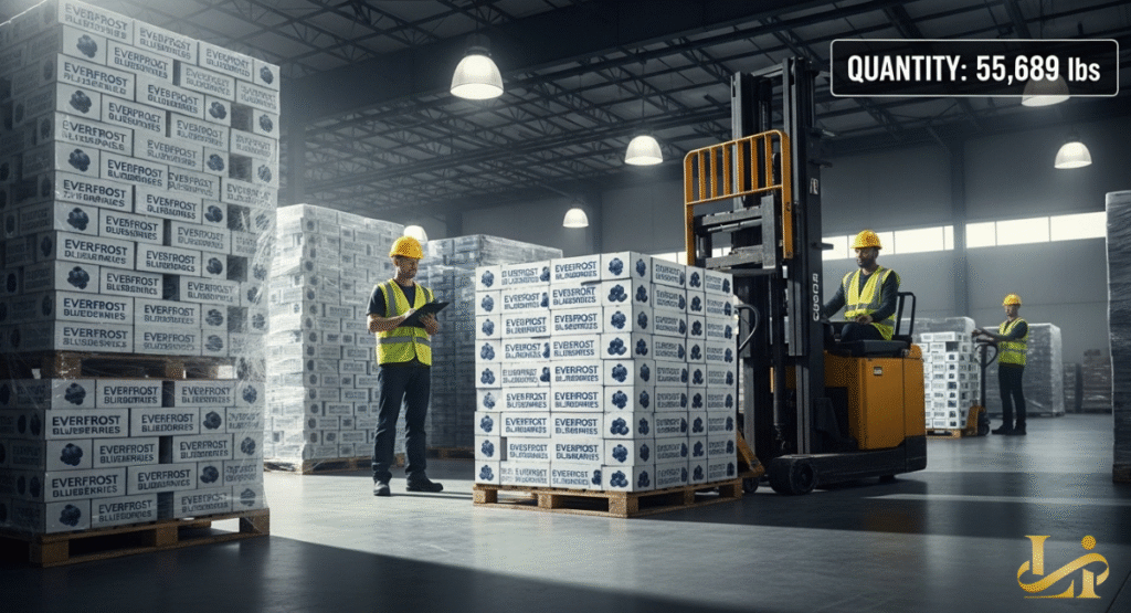 A vast warehouse with workers in hard hats managing stacks of frozen blueberry boxes. A forklift operates in the background, amidst pallets labeled with "EVERFROST BLUEBERRIES."