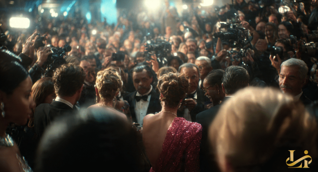 A dense crowd of celebrities, photographers, and media converge at a star-studded event. The focus is on the backs of elegantly dressed attendees amidst a sea of cameras and flashes.