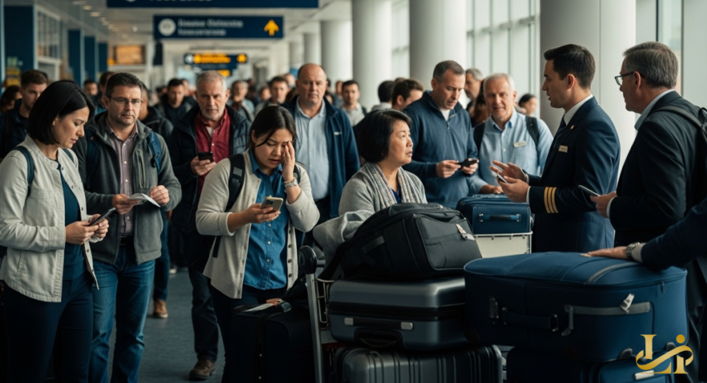 A crowd of upset passengers with luggage gathers around uniformed staff inside a busy terminal. People check phones and tickets while a crew member explains the situation.
