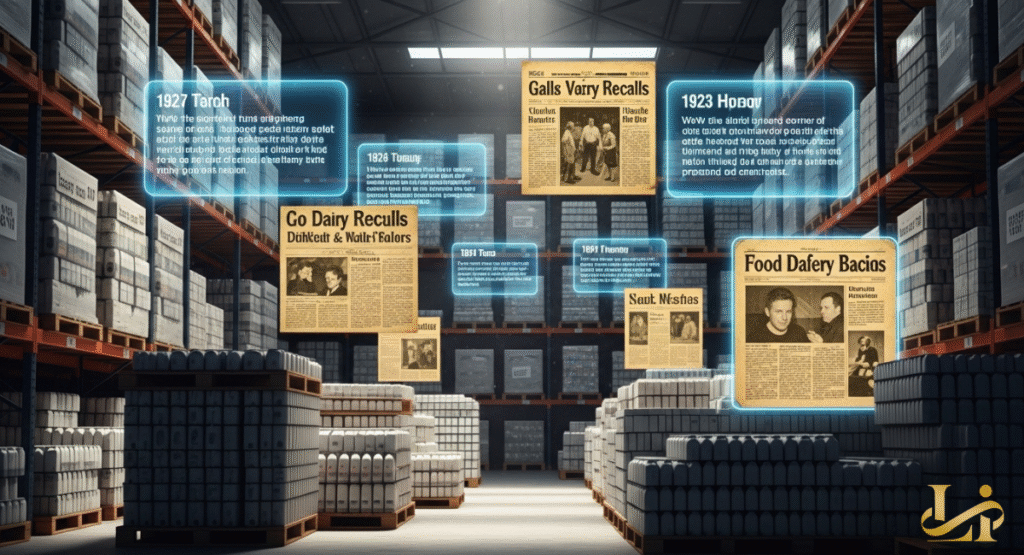 A warehouse aisle filled with stacked boxes, with historical newspaper clippings about food recalls digitally overlaid. The floating headlines highlight "Galls Varty Recalls" and "Food Dafery Bacios" from past decades.