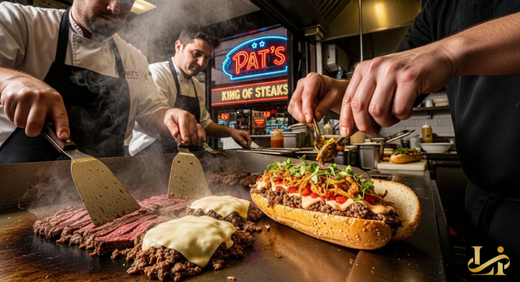 Close-up of a modern cheesesteak build at Pat’s: sliced steak, melted cheese, and toppings added on a steaming griddle.