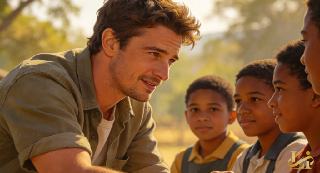 A man in a green overshirt leans toward a group of children outdoors in golden sunlight. He smiles warmly as the kids listen, with trees and soft backlight creating a gentle glow.