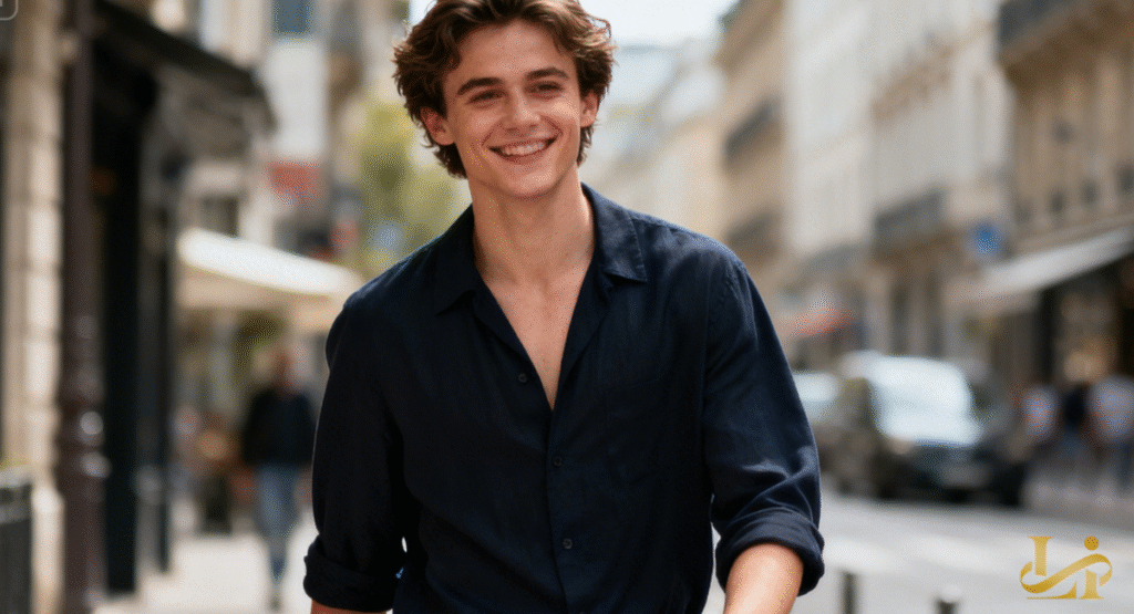 A young man with wavy brown hair, wearing a dark blue unbuttoned shirt, walks smiling on a city street. He looks joyful and carefree, reflecting a relaxed and positive public presence.