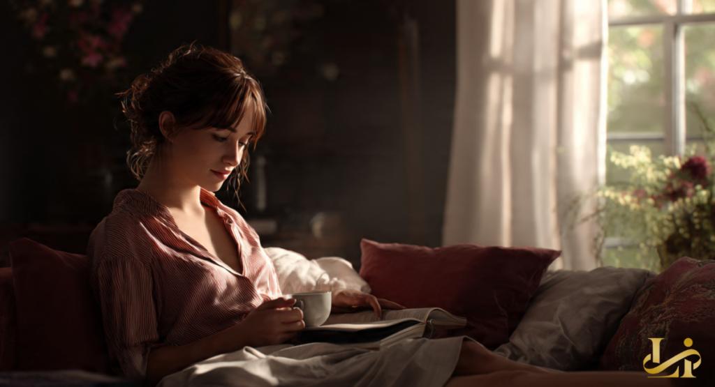 A woman in striped pajamas quietly reads a book and sips from a cup, bathed in soft morning light filtering through a window. This intimate scene offers a glimpse into her personal life, contrasting with her public image.