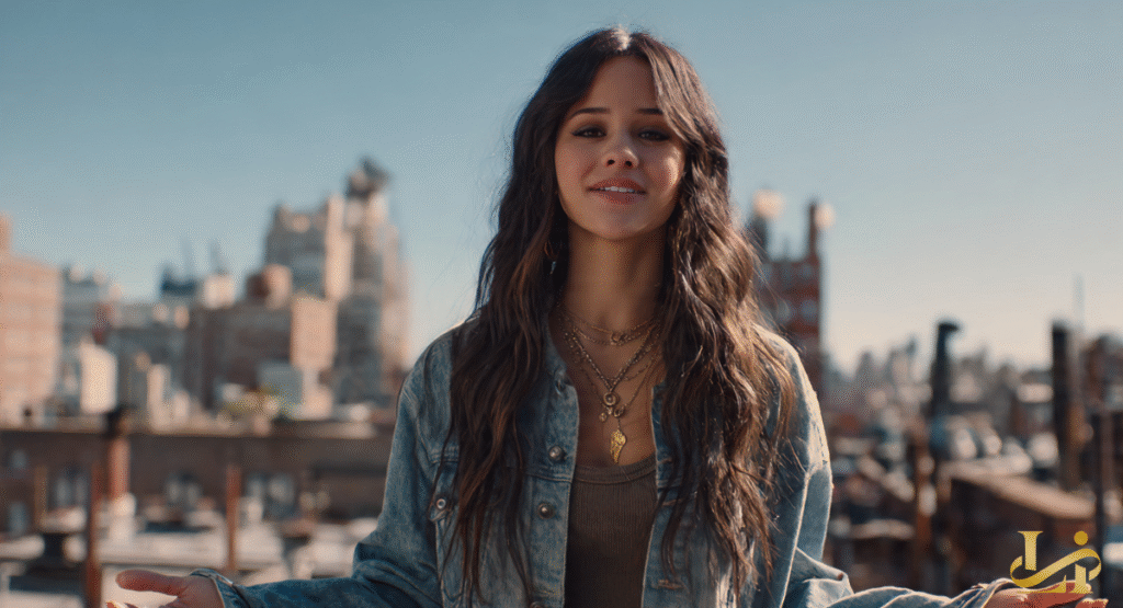 A young woman with long, dark, wavy hair and a denim jacket smiles warmly on a rooftop. She wears multiple necklaces, with city buildings blurred softly in the background under a blue sky.