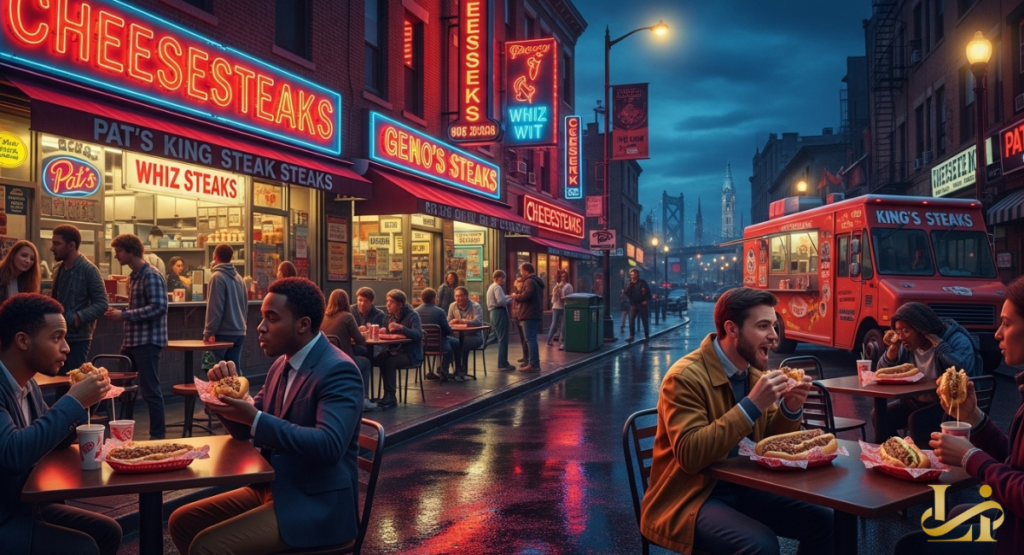 Neon signs for Pat’s and Geno’s glow over a rainy Philadelphia street as diners enjoy cheesesteaks at outdoor tables.