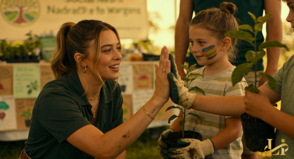 Woman in a green polo high-fives a child holding a potted seedling at an outdoor event. Other kids and plants fill a sunny community booth with educational posters.