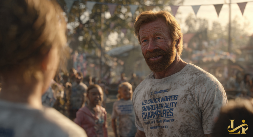 A bearded man in a muddy charity T-shirt smiles at a community event outdoors. Festival bunting and blurred attendees fill the sunny background.