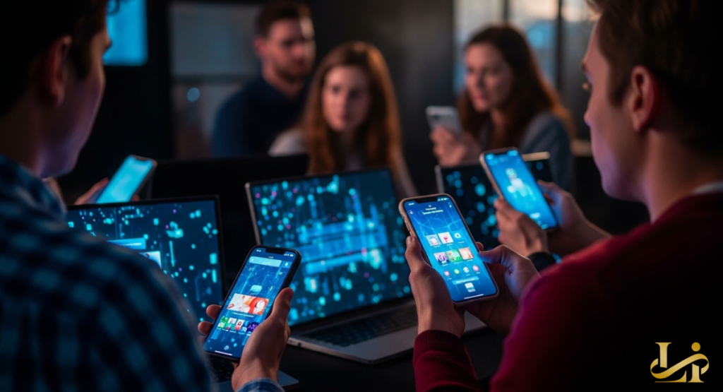 A group of people in a dim room holds up smartphones displaying colorful feeds, with laptops open. Blue screen light reflects on their faces as they scroll and discuss content together.
