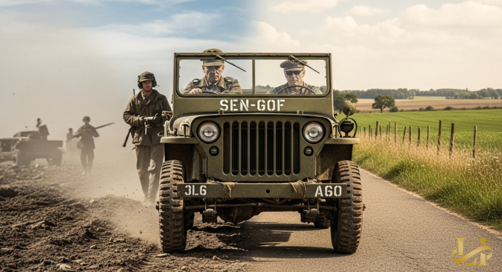 A classic military vehicle transitions from a muddy battlefield to a paved road, depicting its evolution. Soldiers in uniform walk on a dirt track while two men drive on asphalt, symbolizing post-war changes.