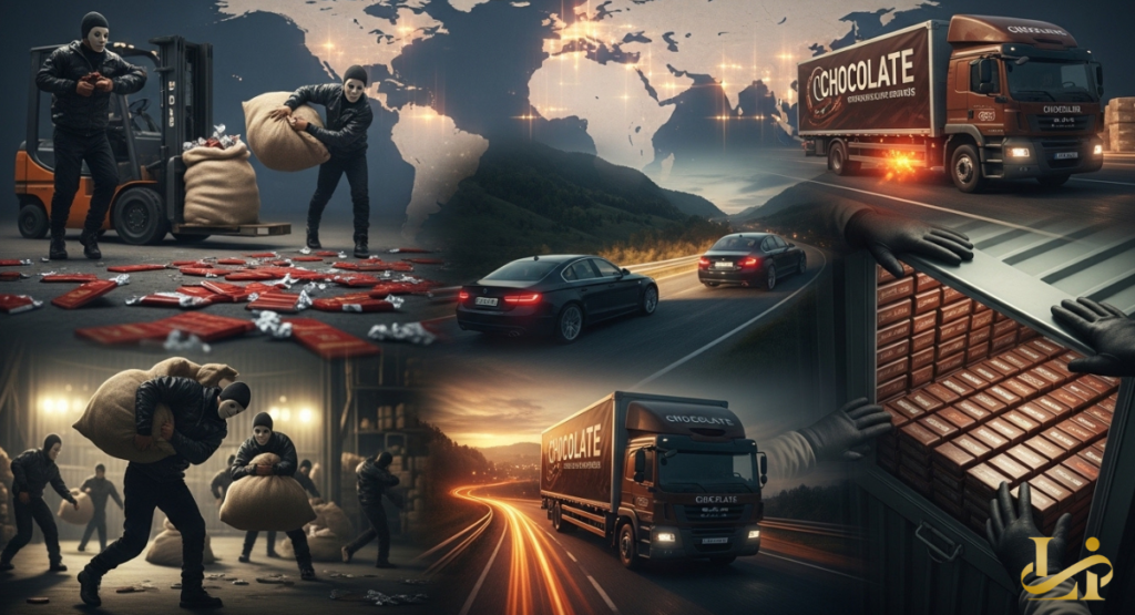 A montage shows masked crews, forklifts, speeding cars, and chocolate trucks on highways, set against a faint world map highlighting global theft routes.