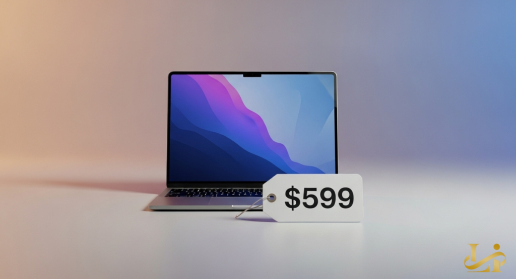 A silver laptop displayed on a minimalist background, with a price tag of "$599" attached. This visual represents pricing expectations for an affordable MacBook model.