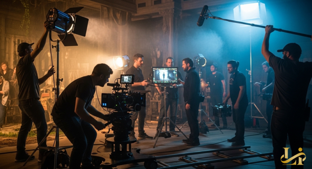 A busy night shoot inside a grand hall with camera, lights, and boom mic, the director talks to the lead while the crew watches a monitor.