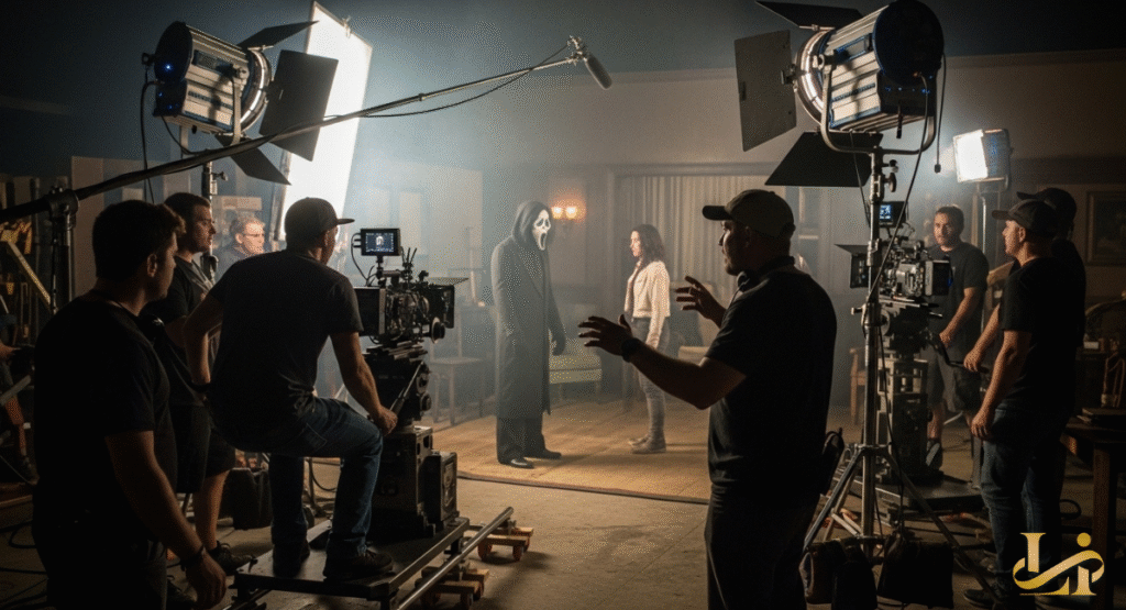 A film crew Scream 7 sets up a shot on a dimly lit set. The Ghostface killer stands in the center, flanked by actors and production equipment.