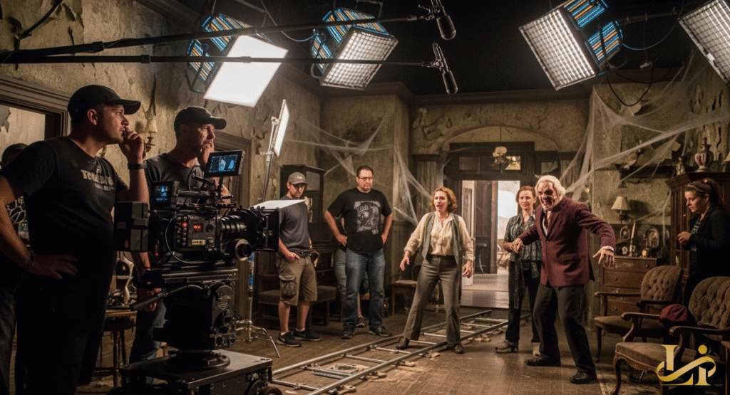 A film crew works on a set made to look like a dilapidated, haunted house interior. Lights, cameras on tracks, and various crew members surround two actors who appear to be in character.