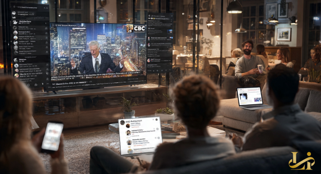 People in a living room watch a news broadcast on a large TV, while simultaneously engaging with social media reactions on their phones and laptops. This illustrates the public and audience reaction to news events in the digital age.
