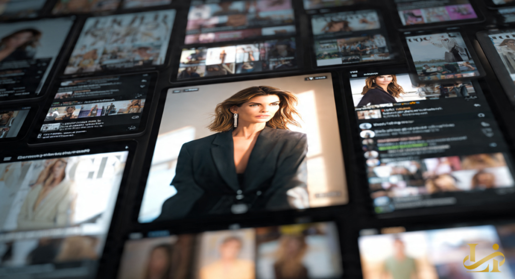A smiling woman in a gray knit top sits at a table covered with skincare bottles and notes.