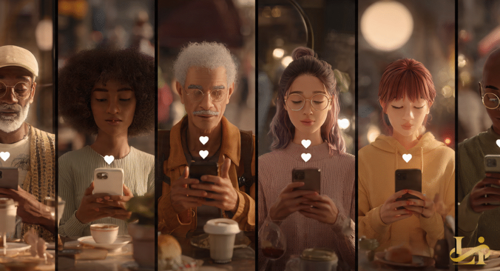 A multi-panel grid of diverse individuals, each looking at their smartphone, with glowing heart icons above. The glowing hearts and varied expressions reflect widespread social media reactions to a trending topic.