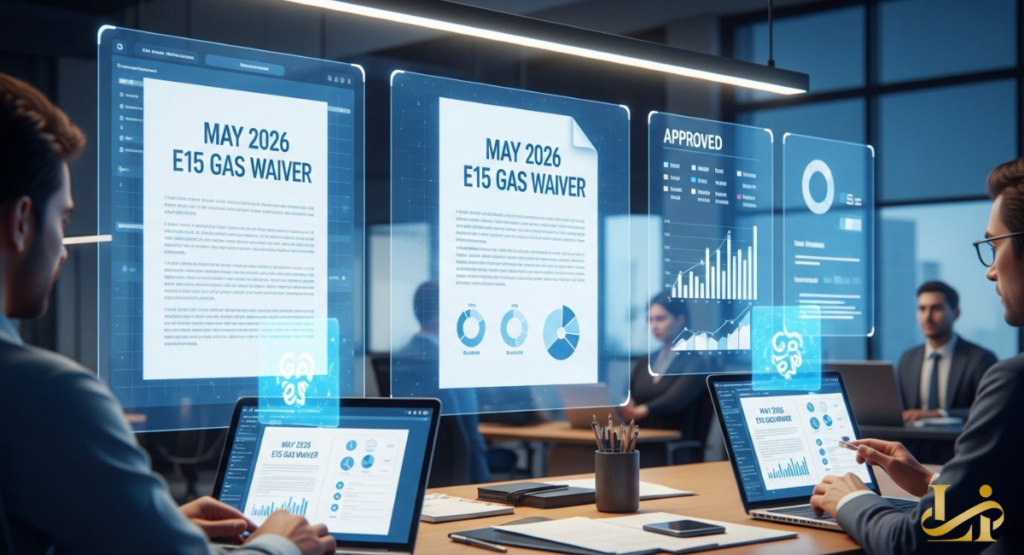 Futuristic office with floating holographic screens showing “MAY 2026 E15 GAS WAIVER” documents and approval charts.