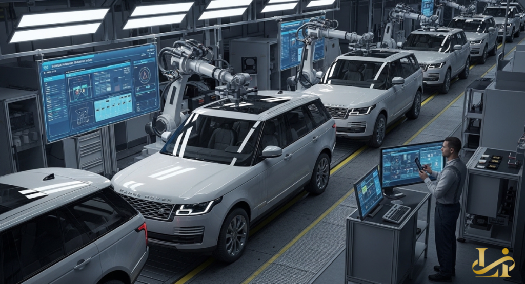 Land Rover Range Rover vehicles moving along an advanced robotic assembly line in a modern factory, monitored by a technician with digital interfaces.