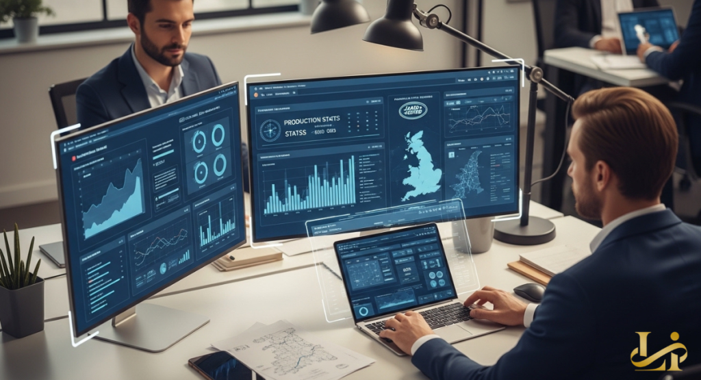 Business professionals analyzing Jaguar Land Rover production statistics, charts, and UK maps on multiple computer monitors in a modern office.