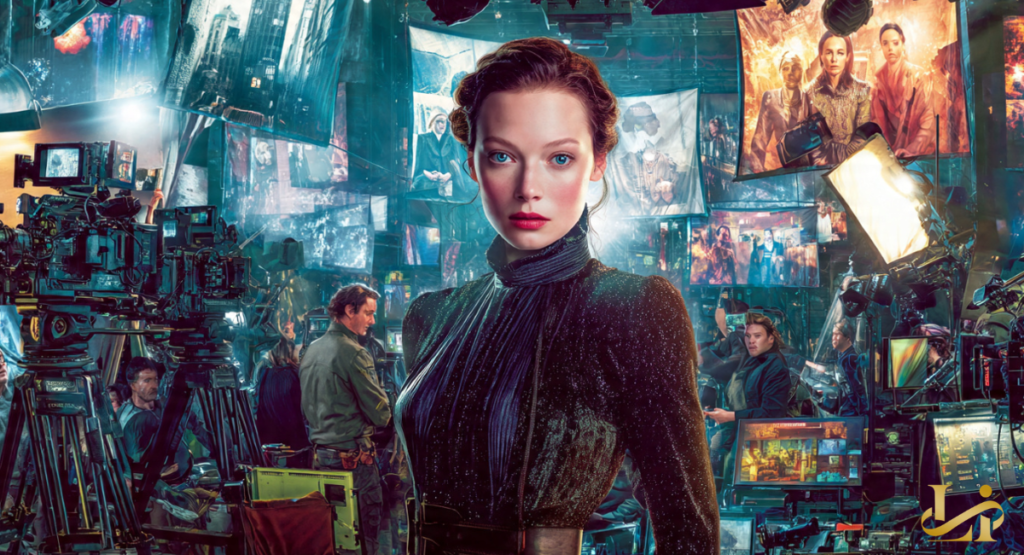 A stylized portrait of a lead actress in a dark high-neck costume, centered amid film cameras, crew, and floating screens. The backdrop is a montage of movie scenes and posters in a futuristic blue-teal palette.