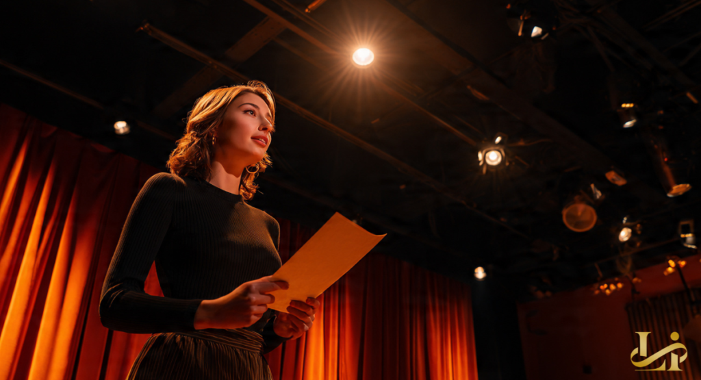 A young actress stands on a dim theater stage holding a script under warm spotlights, with red curtains behind her. She looks upward, focused and hopeful, as the stage grid and lights glow overhead.