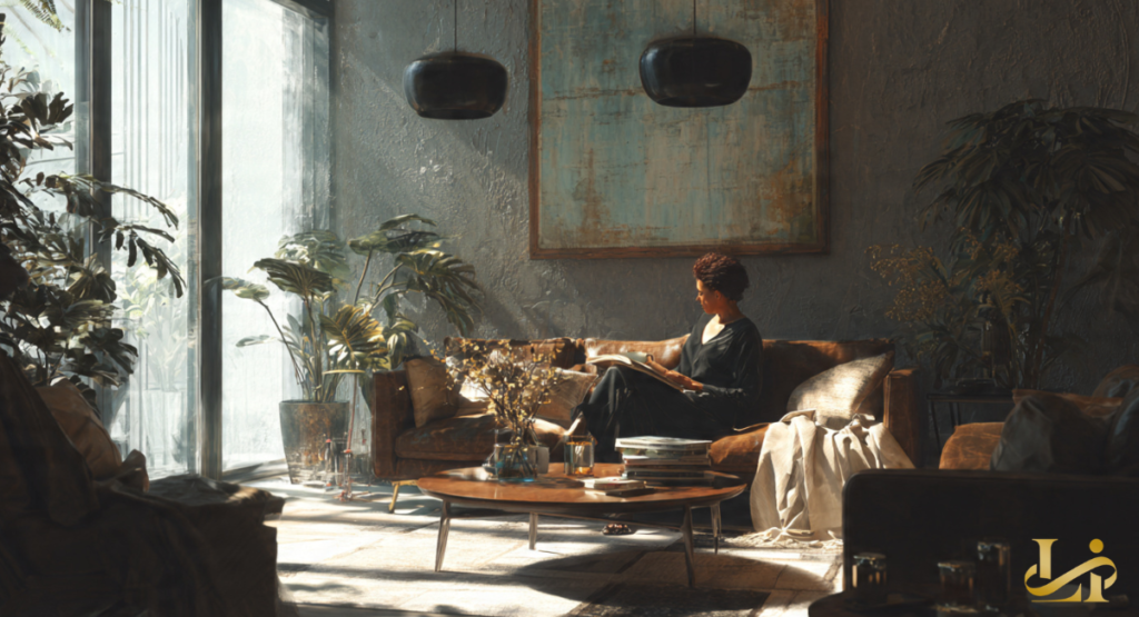 A woman reads a book on a brown leather sofa in a sunlit modern living room filled with plants and soft textiles. Tall windows, pendant lamps, and a coffee table with stacked books create a calm, private atmosphere.