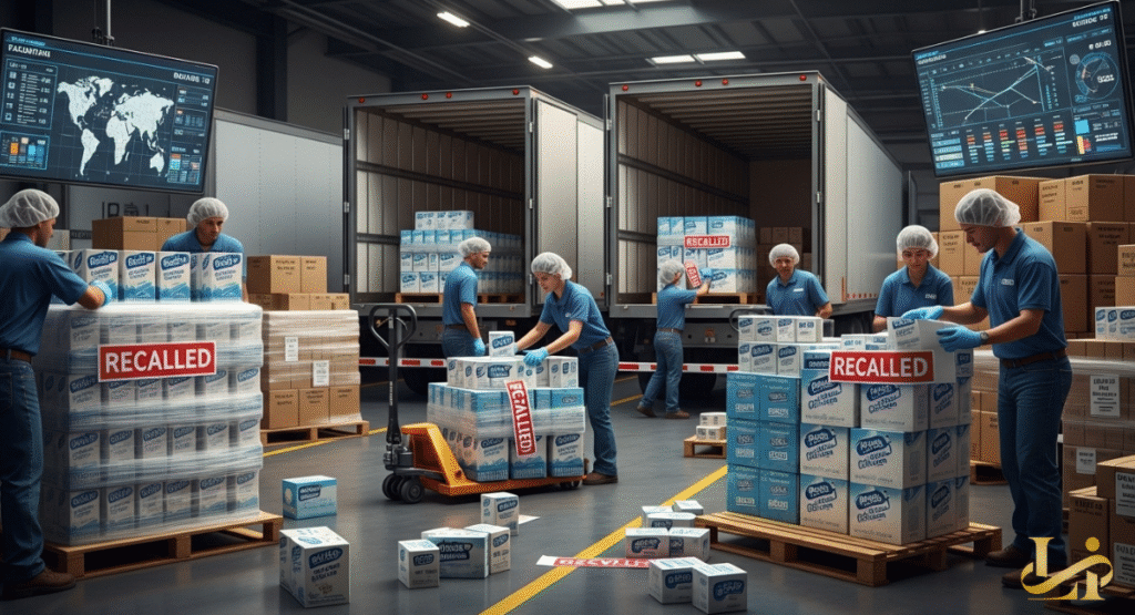 Workers in hairnets are actively engaged in a warehouse, handling "RECALLED" marked boxes of dairy products. Forklifts and loading docks are visible, indicating a large-scale product retrieval operation.