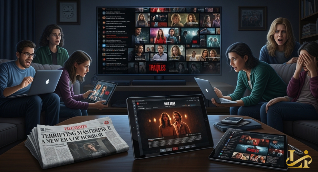 Viewers react with shock and fear while laptops and tablets show reviews, a newspaper headline reads “Terrifying Masterpiece: A New Era of Horror.”