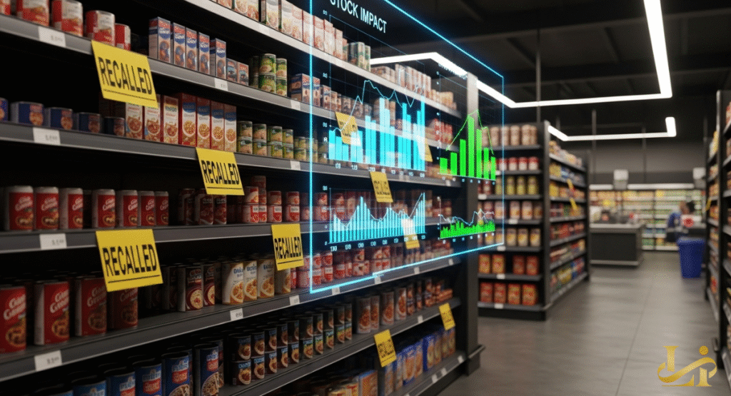 A supermarket aisle with shelves marked "RECALLED," and a holographic chart showing a "STOCK IMPACT" decline. The visual combines real-world product removal with the financial repercussions of a recall.