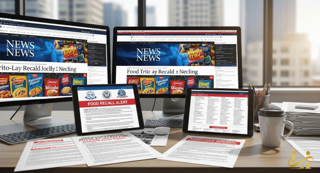 A desk with multiple computer screens and tablets displaying various food recall alerts and news articles. The screens feature headlines like "Frito-Lay Recalled" and official "FOOD RECALL ALERT" documents.