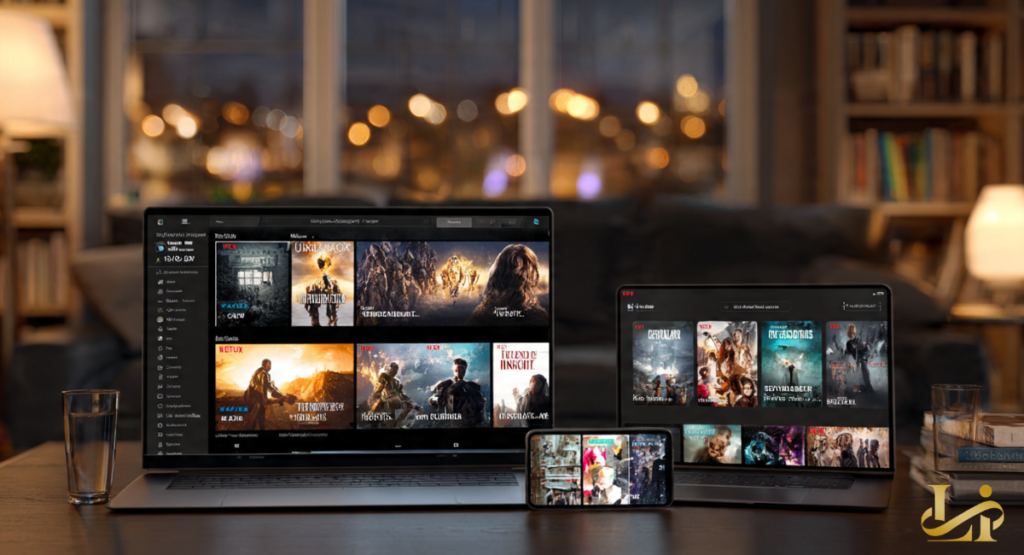 Two laptops and a phone on a wooden table display streaming interfaces with grids of movie and show posters. A cozy living room with bookshelves and city lights glowing outside completes the scene.