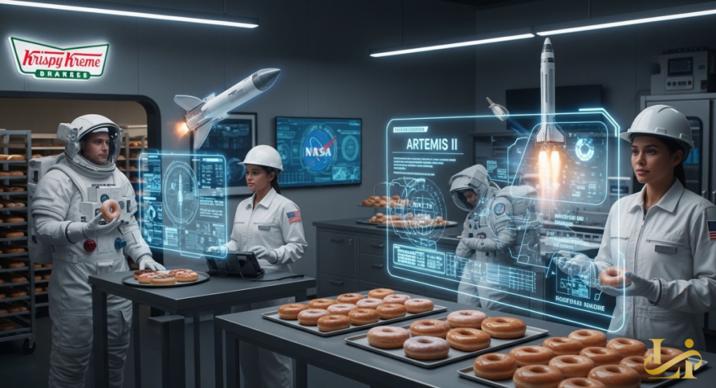 Astronauts and Krispy Kreme staff in a futuristic lab with holographic NASA Artemis II rocket displays and trays of doughnuts.
