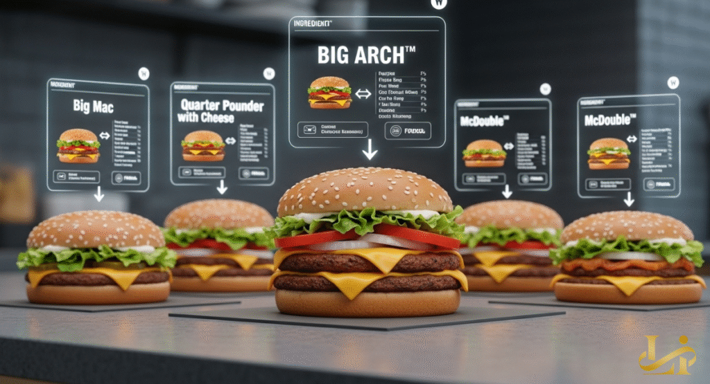 Five McDonald's burgers are arranged on a counter, with the new Big Arch™ burger central and larger. Holographic ingredient lists for Big Mac, Quarter Pounder, McDouble, and Big Arch™ hover above each.