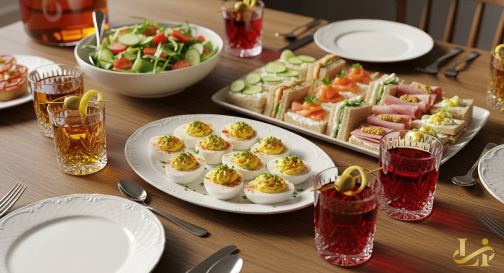 Dining table set with a plate of classic deviled eggs surrounded by tea sandwiches, salad, and cocktails. Crystal glasses and white plates frame the appetizers for an elegant brunch or party spread.