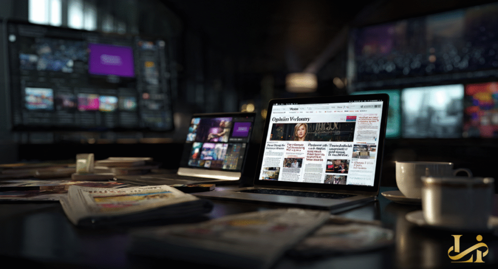 A laptop and tablet display various news articles and related stories on a desk with newspapers and a coffee cup. The screens feature headlines and images, indicating a deep dive into media coverage and related content.