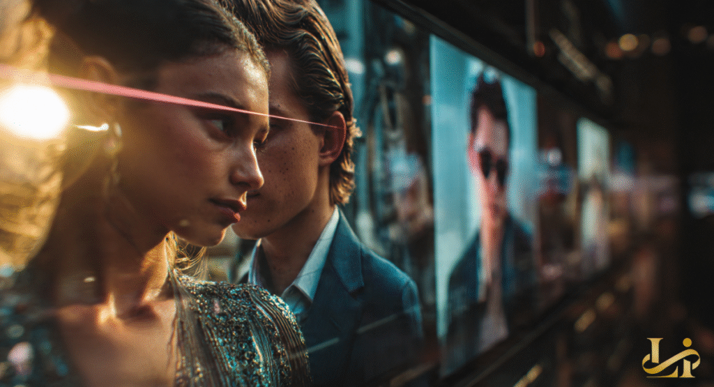 A reflective surface shows the profiles of a woman and a man looking intently forward. Behind them, screens display images of celebrities, hinting at public scrutiny and media attention.