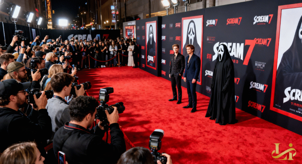 A red carpet event with photographers and attendees, featuring large movie posters in the background. Ghostface, two men in suits, and many cameras are visible at the premiere.
