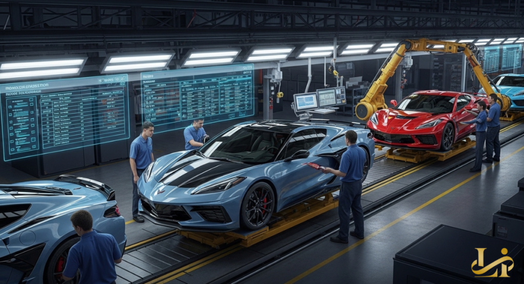 Factory floor with Corvettes on assembly platforms, workers inspecting body panels and fit. Overhead robotic arm and large digital production screens display schedules.