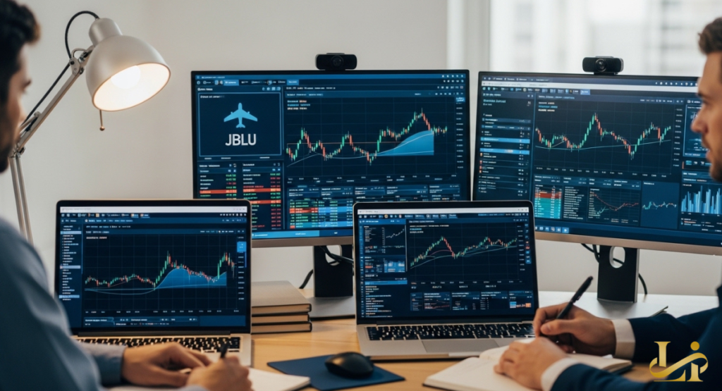 Two people work at a wooden desk with two laptops and two external monitors showing detailed stock charts.