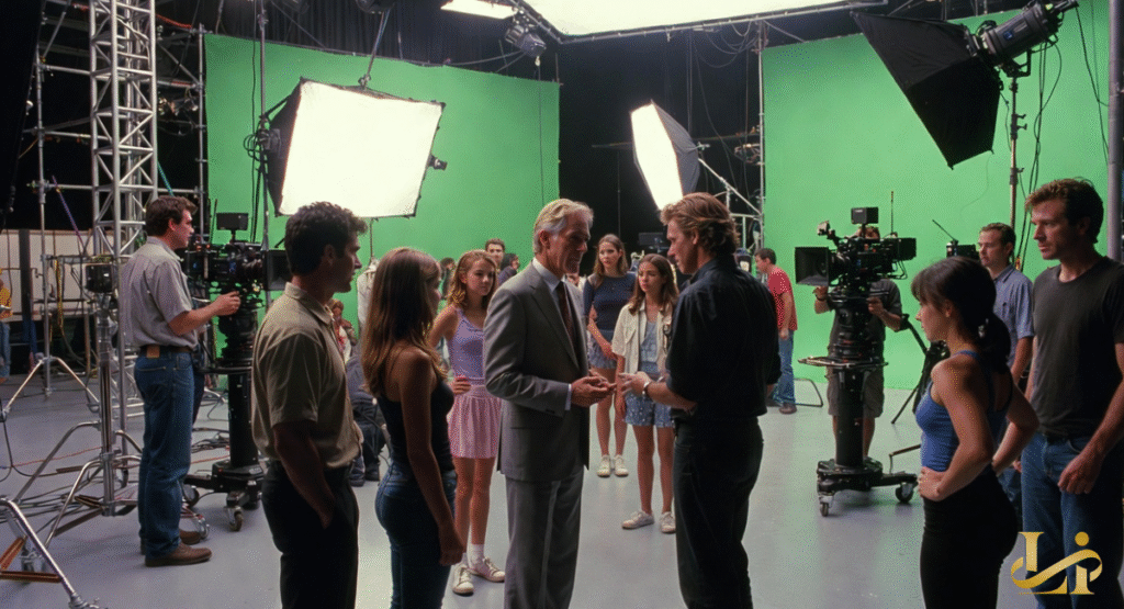 Robert Carradine, a tall man in a suit, stands talking to a group of young actors on a green screen set. Film crew members operate cameras and lighting equipment around the large green backdrop.