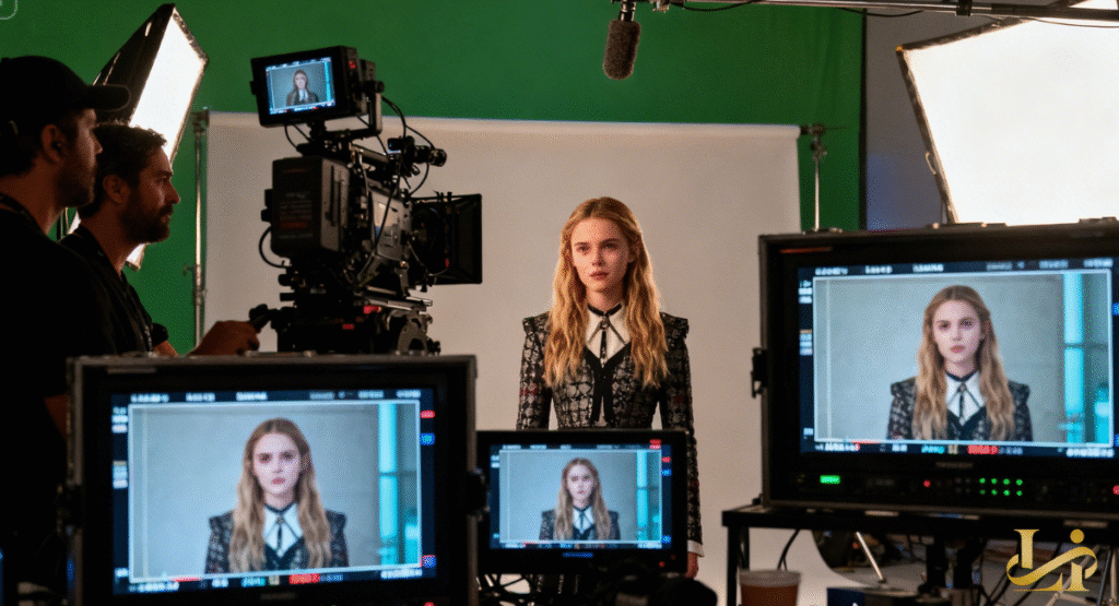 A young actress on a film set, wearing a detailed black and white period-style outfit, stands in front of a green screen. Camera monitors display her image from multiple angles, showcasing a professional production.